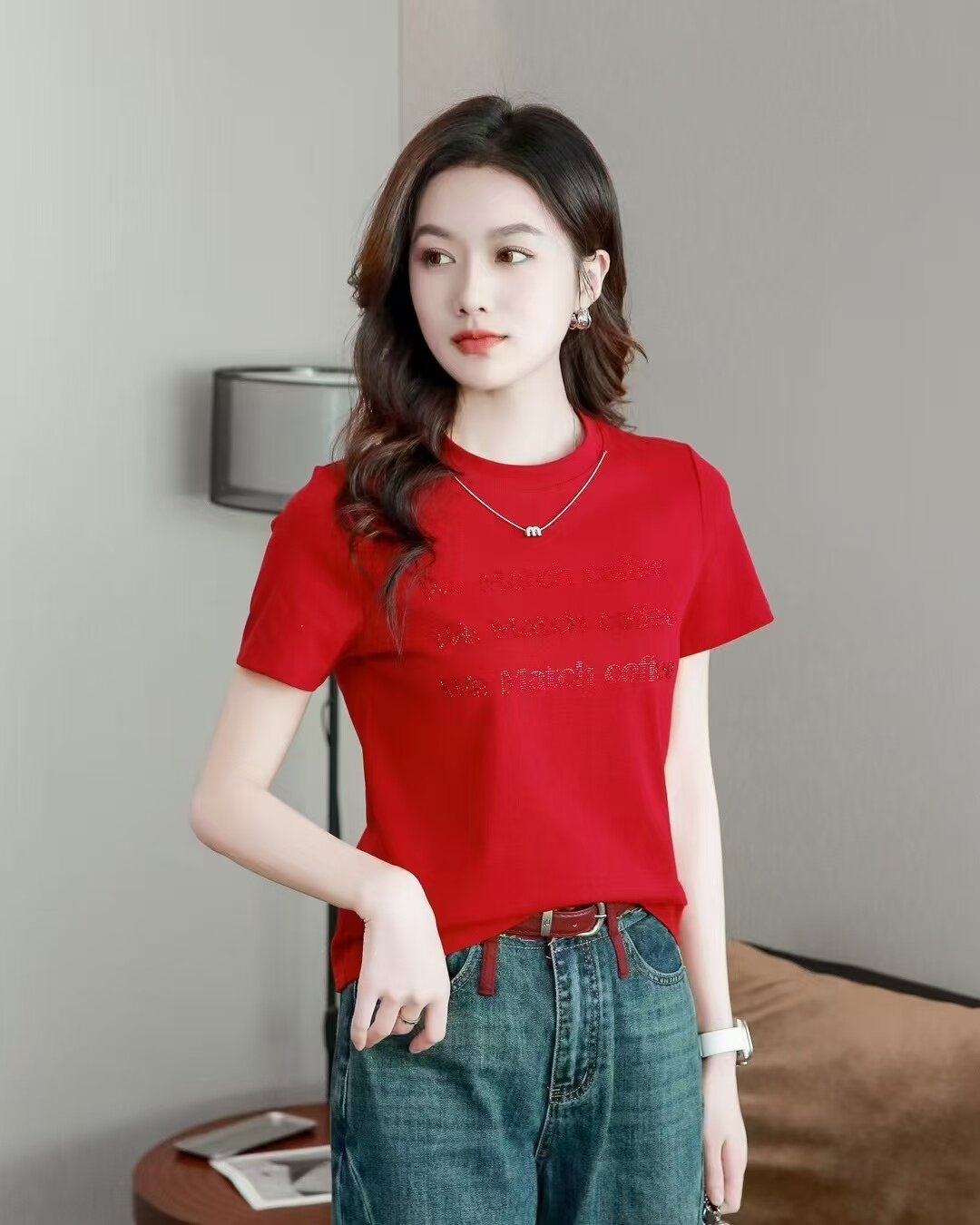 卡玛娅T恤女2026年新款圆领重工烫钻字母短袖t恤宽松减龄上衣0019