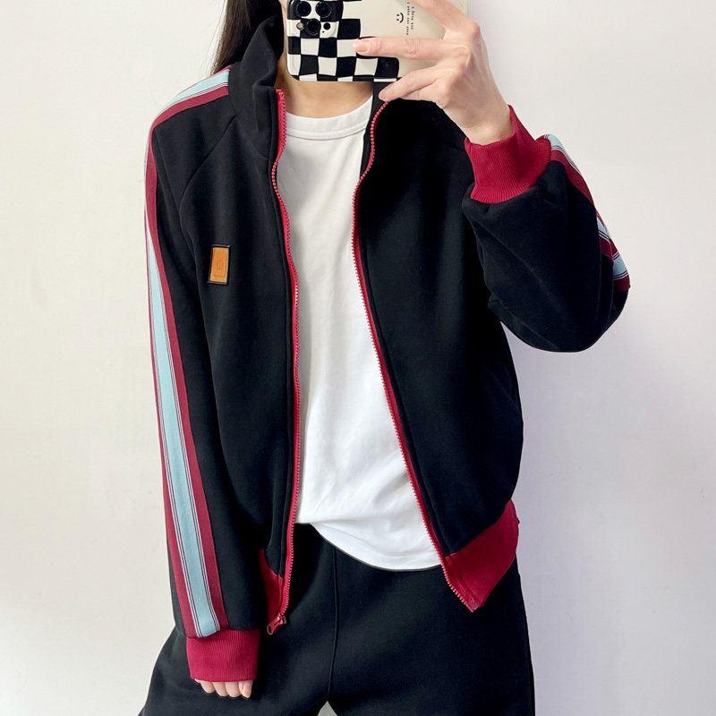 加绒加厚立领运动休闲短外套女冬季宽松大码拼色拉链开衫卫衣绒衫
