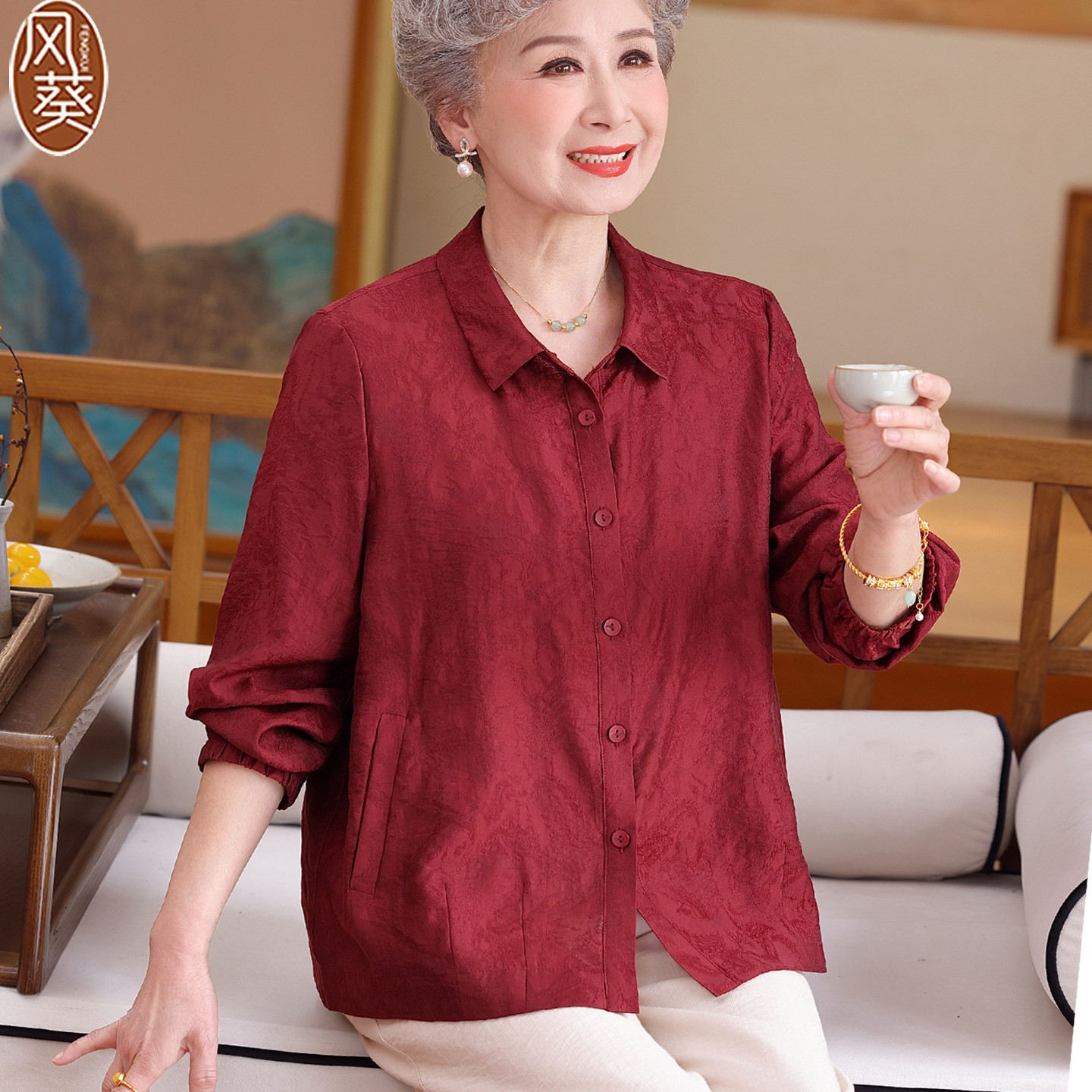 中老年人长袖亚麻棉麻上衣新款春装妈妈高端女装加大码胖奶奶衬衫