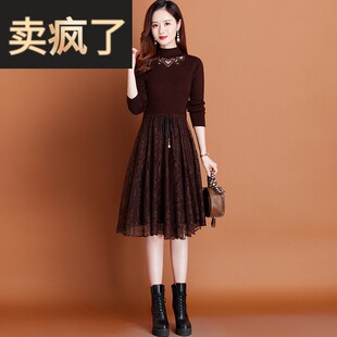 蕾丝针织连衣裙女秋冬季2025新款收腰显瘦配大衣打底毛衣裙中长款