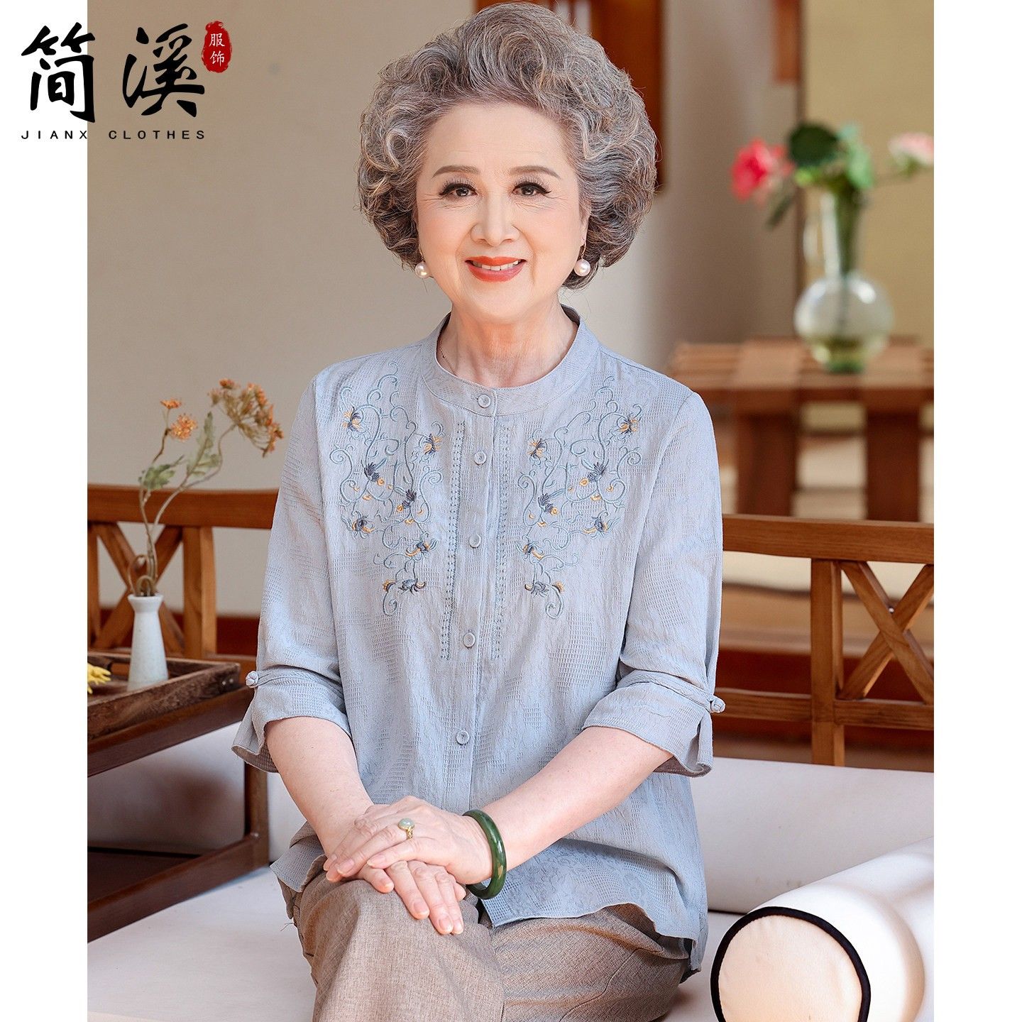 简溪奶奶春夏纯棉衬衫中老年人妈妈装绣花衬衣女老太太宽松上衣服