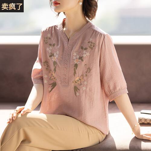 50岁妈妈夏装棉麻短袖套装2026新款洋派质T恤衫中老年人女上衣服