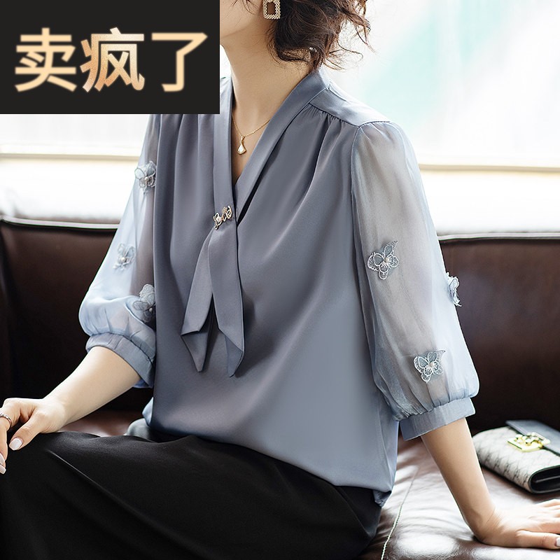年轻妈妈高贵气质雪纺套装中老年T恤休闲上衣40岁女夏装新款小衫