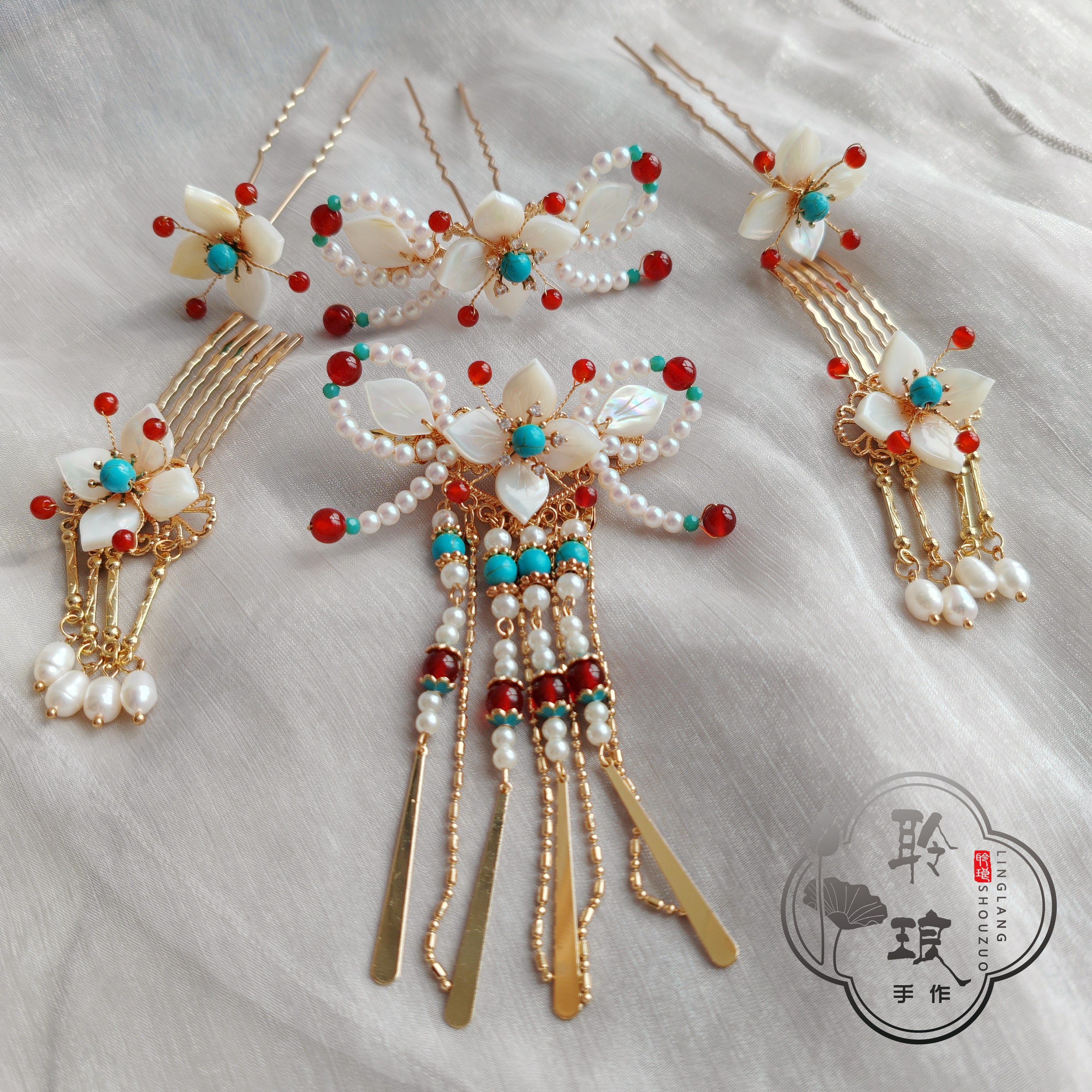 聆琅原创蝶贝红玛瑙珍珠发梳