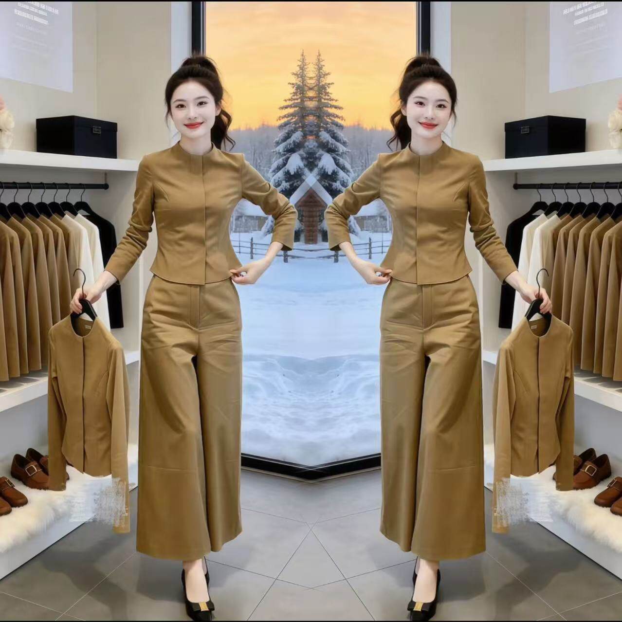 2026年早春网红新款时尚简约套装女高级感气质长袖修身上衣阔腿裤