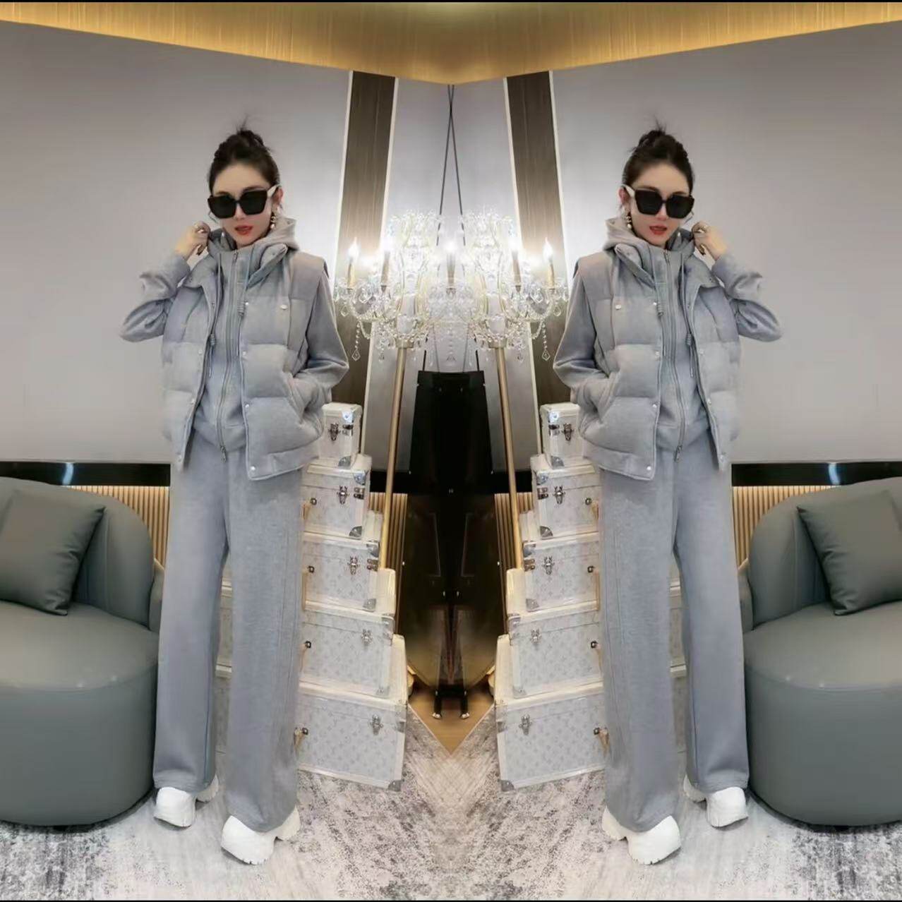 2025秋冬新款韩版保暖休闲运动套装女棉马甲加绒厚卫衣卫裤三件套