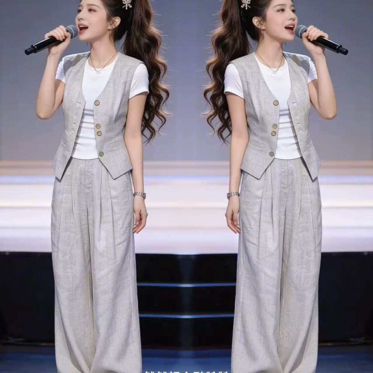 气质干练女装套装夏季新款减龄高级感简约马甲上衣阔腿裤三件套女