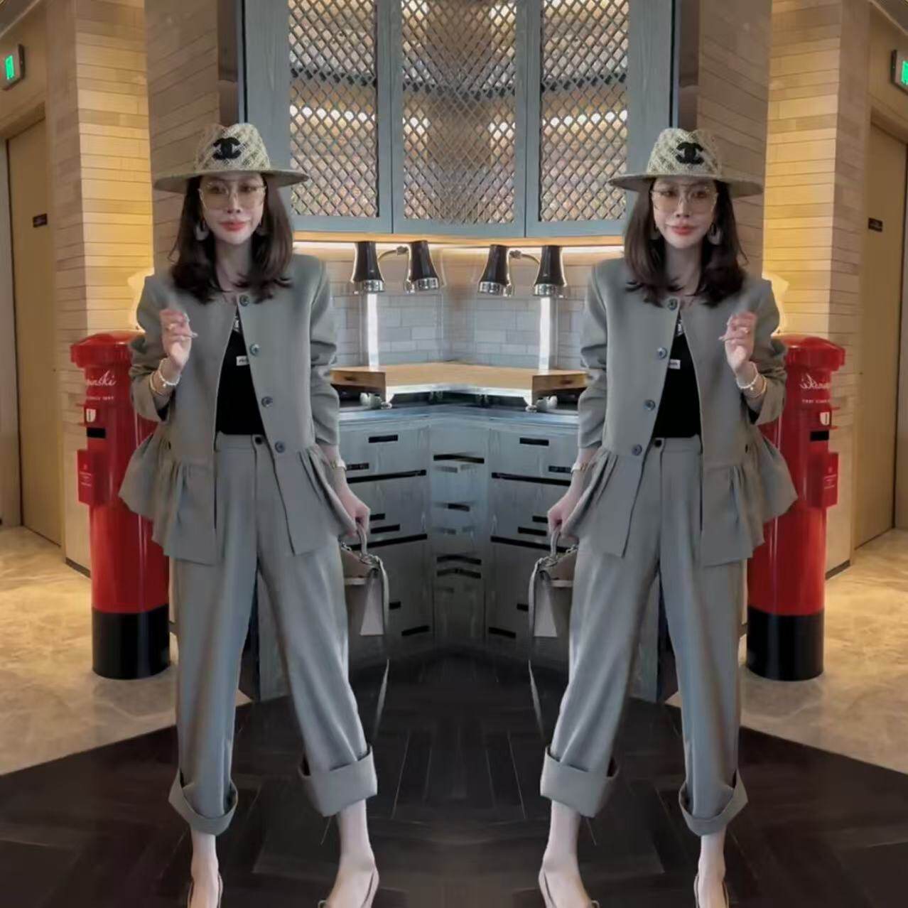 高级感时尚风气质套装女春夏新款显瘦圆领外套阔腿裤洋气两件套潮