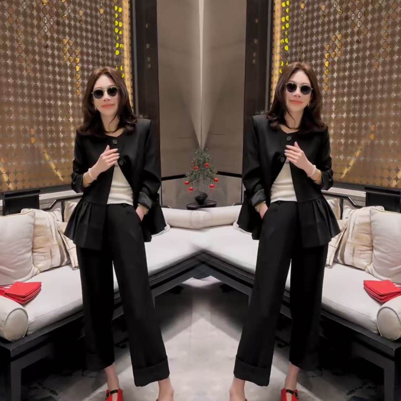 气质女装韩版抖音爆款时尚套装女春新款裙摆西装外套直筒裤两件套