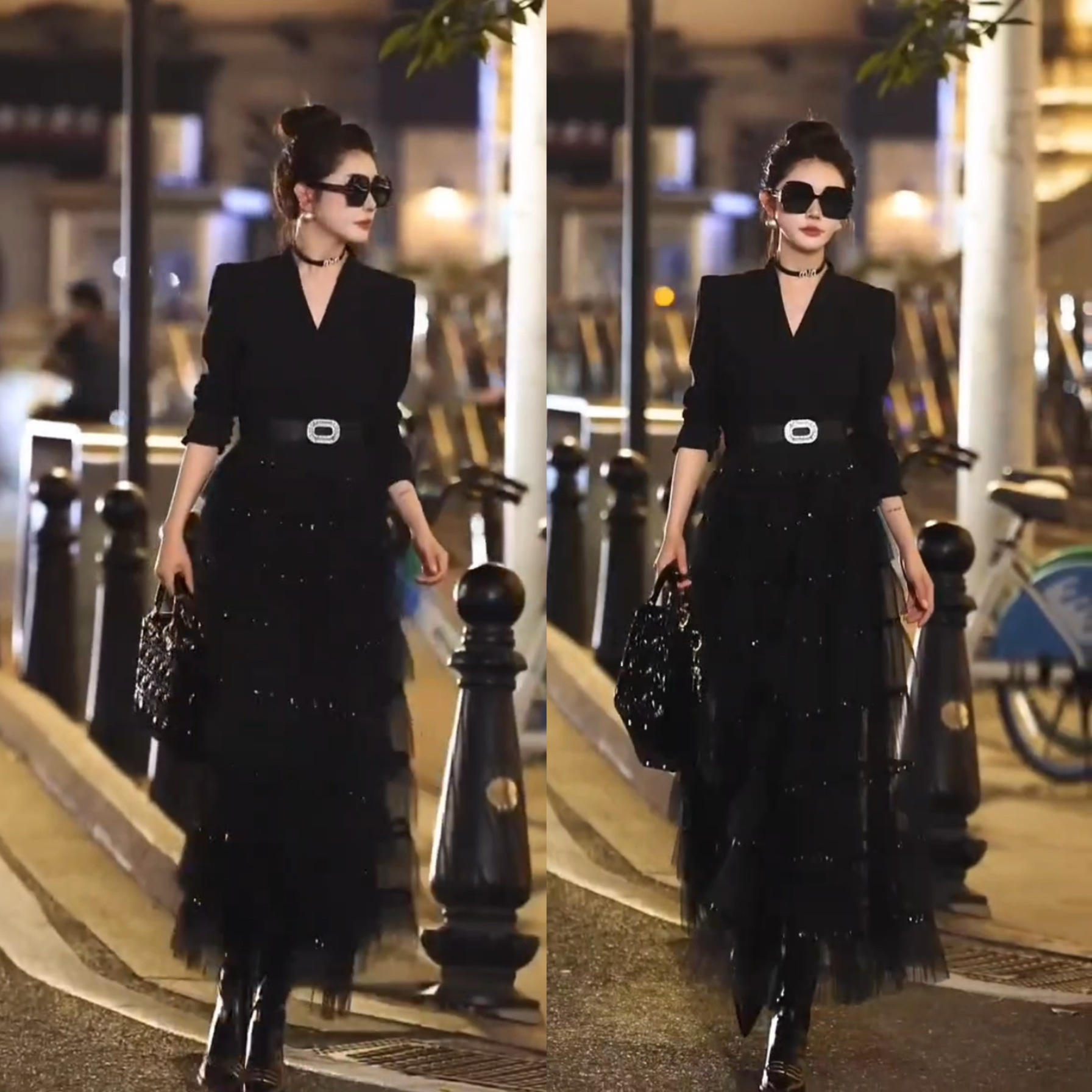 网红同款时尚连衣裙秋季新款女装纯色减龄西服领拼接网纱蛋糕裙子