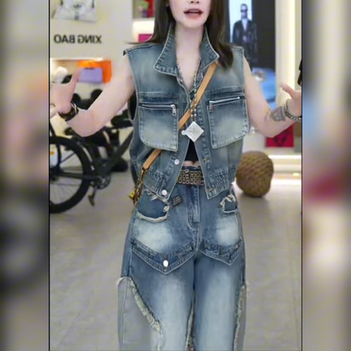 夏季新款时尚套装女洋气减龄显瘦牛仔马甲裤子两件套女装网红爆款