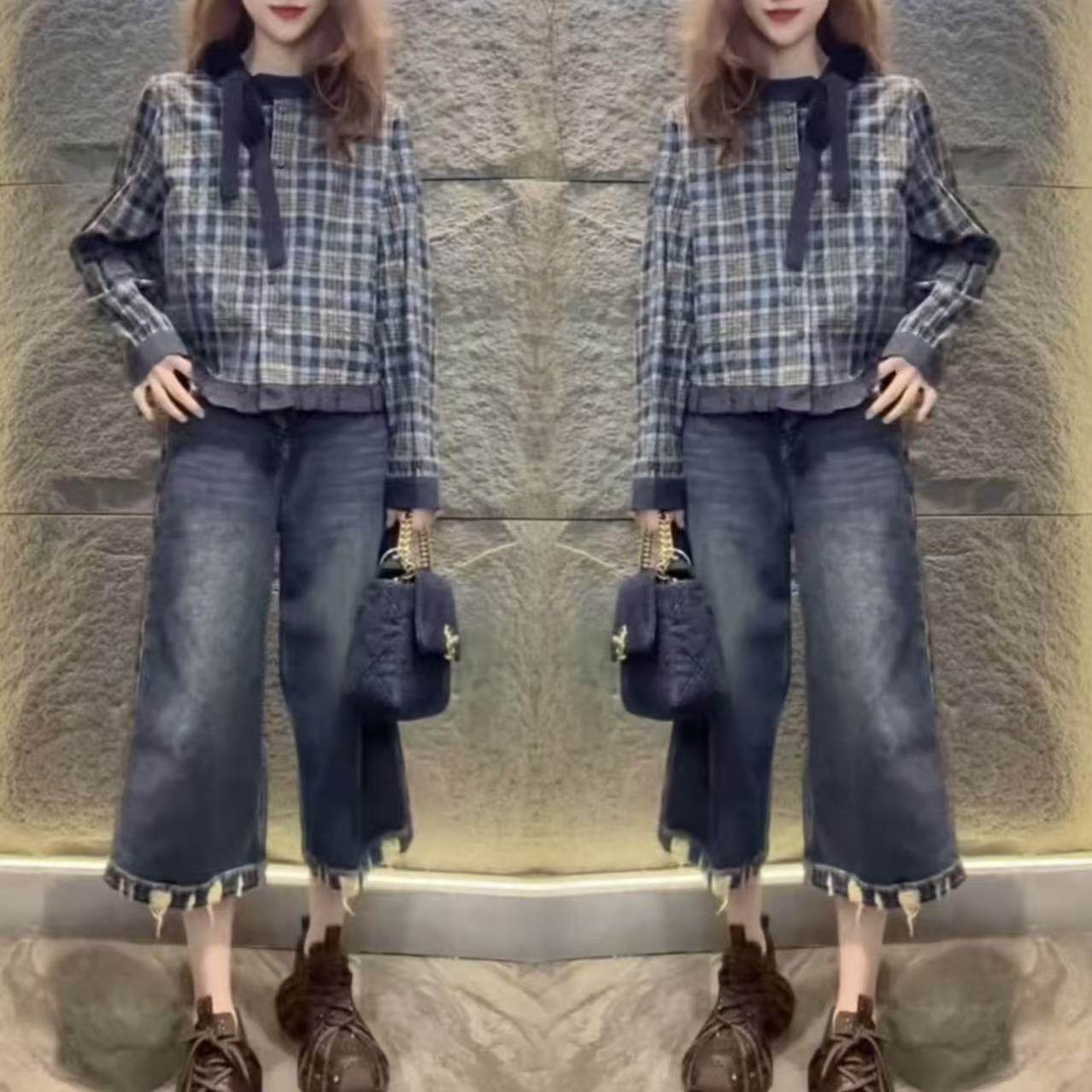 2025新款女装穿搭盐系时髦精简约利落时尚格子上衣女搭配牛仔裤女