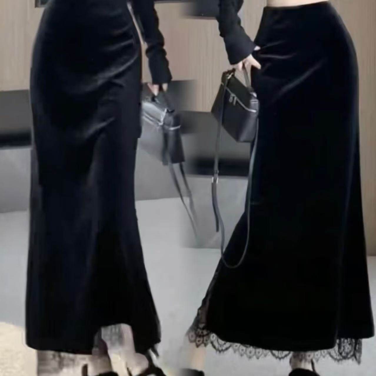 春秋网红新款女装丝绒黑色半身裙性感蕾丝拼接修身显瘦包臀鱼尾裙