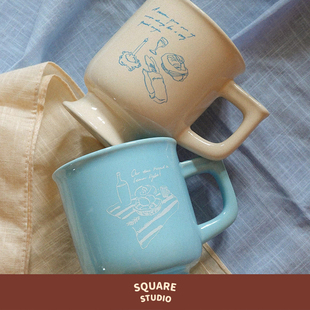 原创手绘文字插画杯子法式 悠长假日陶瓷杯 ins礼物 平方Studio