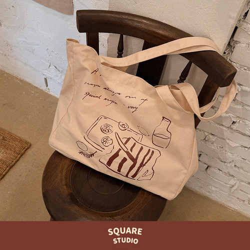 【平方Studio】悠长假日单肩包 原创插画法式大容量帆布包托特包