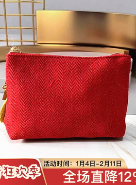 娇韵诗红色带闪化妆包金色中国结带编织纹理收纳包国风手拿包