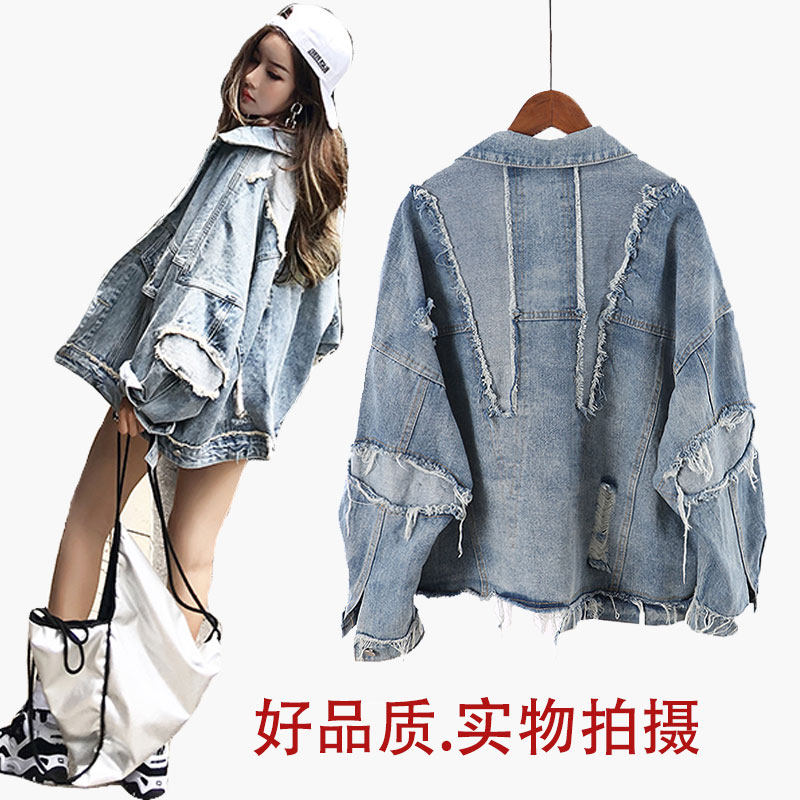 2017秋款韩版破洞牛仔夹克短外套女大口袋个性拼接牛仔上衣学生潮