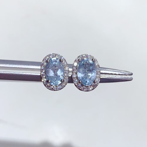 新款天然海蓝宝耳钉925银镀金镶嵌时尚耳钉主石5*7MM小众设计款