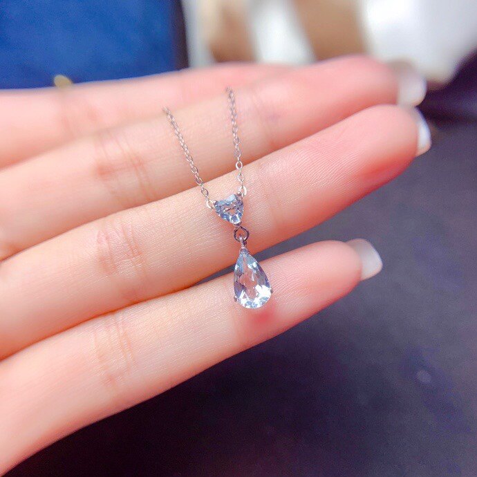 天然海蓝宝吊坠 925银镀白金 石心4 5*7mmm特惠小清新海蓝宝项链