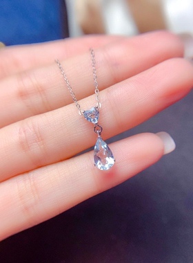 天然海蓝宝吊坠 925银镀白金 石心4 5*7mmm特惠小清新海蓝宝项链