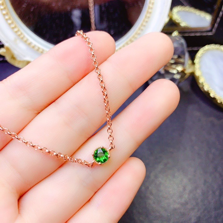 新款天然透辉石手链 精工品质石圆5mm925银精工镶嵌小清新手链