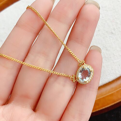 新款天然白色海蓝宝项链 石6*8mm 925银镀黄金镶嵌海蓝宝锁骨链