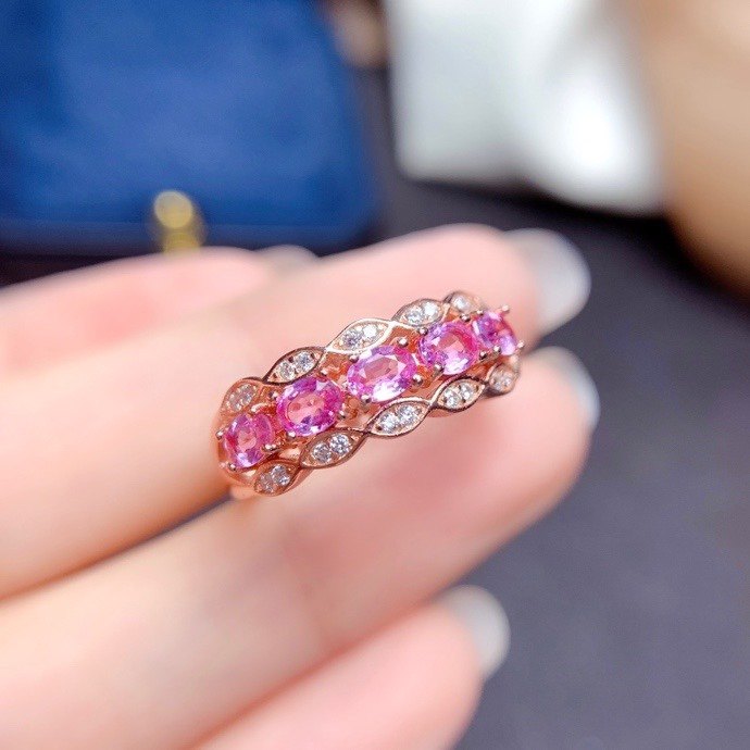 新款天然帕帕拉恰戒指3*4mm925银镀玫瑰金天然粉色蓝宝石戒指