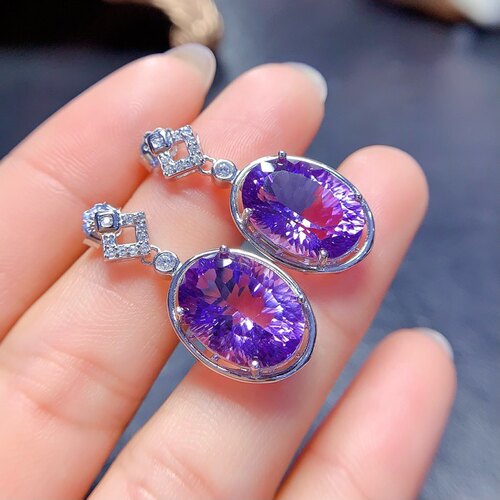 天然千禧工紫水晶耳坠 主石10*14mm 特惠 精工925银镶嵌奢华耳坠