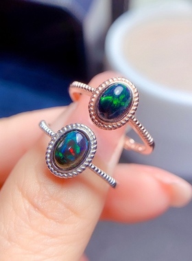 精品天然黑欧泊戒指 高净度 主石5*7mm炫彩戒指 开口