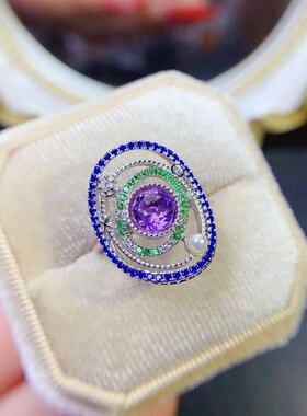 新款天然巴西紫水晶戒指925银镀白金 石6*6MM旋转地球开口戒