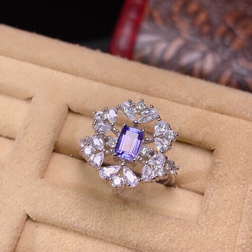 奢华新款天然坦桑石戒指925银精工镶嵌 主石方4*6mm开口戒指