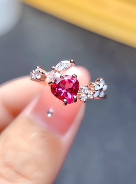 精品天然粉托帕石戒指 主石心6*6mm特惠爱心戒指925银镀玫瑰金