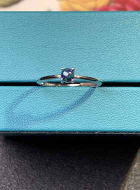 小巧精致黑欧泊戒指925银镀白金天然黑欧珀石戒指4*4MM开口四爪戒