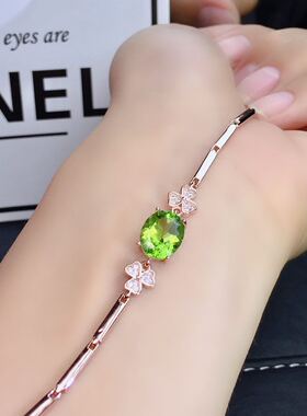 天然橄榄石大颗粒925银手链