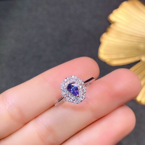 特惠925银镀金天然坦桑石戒指 石梨形4*6MM开口戒指
