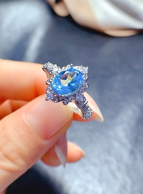 新款天然托帕石戒指6*8MM925银镀金镶嵌黄水晶石榴石粉托帕戒指