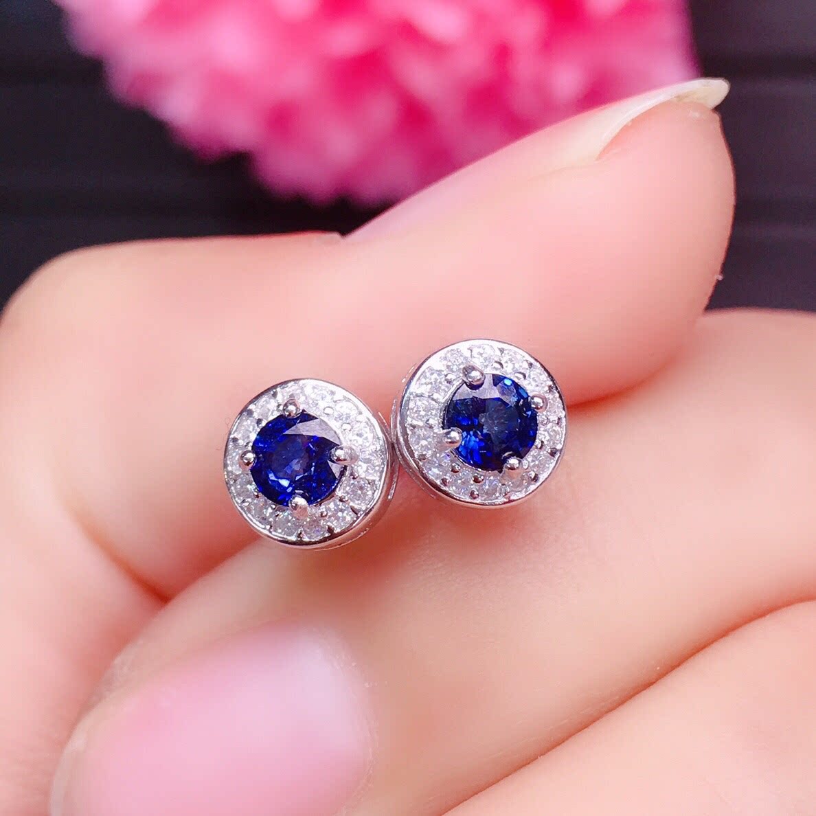 天然蓝宝石耳钉主石尺寸圆4mm925银镀白金精工天然蓝宝石支持鉴定