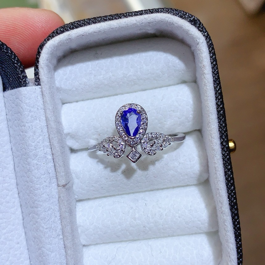 天然坦桑石戒指主石尺寸4*6mm精工925银镶嵌时尚百搭开口戒指