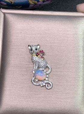 炫彩星空欧泊吊坠猫咪可爱银镀金