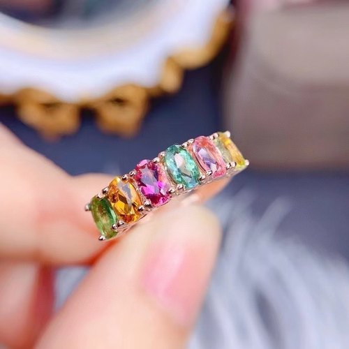 特惠天然糖果色碧玺戒指晶体干净颜色美丽主石3*5mm925银精工镶嵌