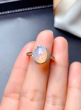 天然欧泊戒指绚丽镀黄金镶嵌活口