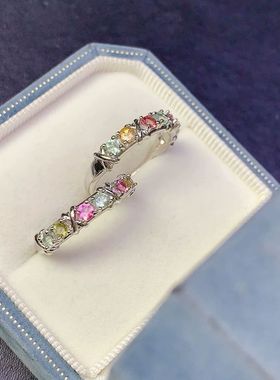 天然碧玺戒指 金镶成色 高净度 主石3*3mm925银镀金开口戒指