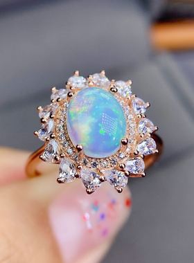 天然炫彩欧泊戒指小清新玫瑰金