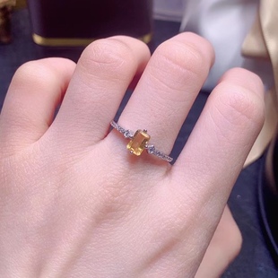 天然黄晶戒指 主石方4*6mm精致公主方戒指925银镀金 支持检测