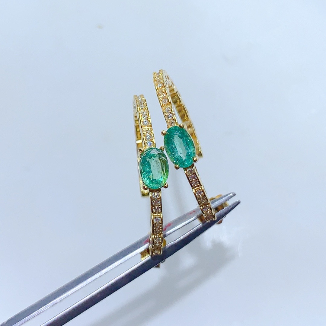 新款天然祖母绿耳扣925银镀金镶嵌时尚耳环4*6MM精致款耳夹