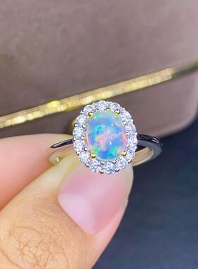 新款天然炫彩欧泊戒指银支持检测