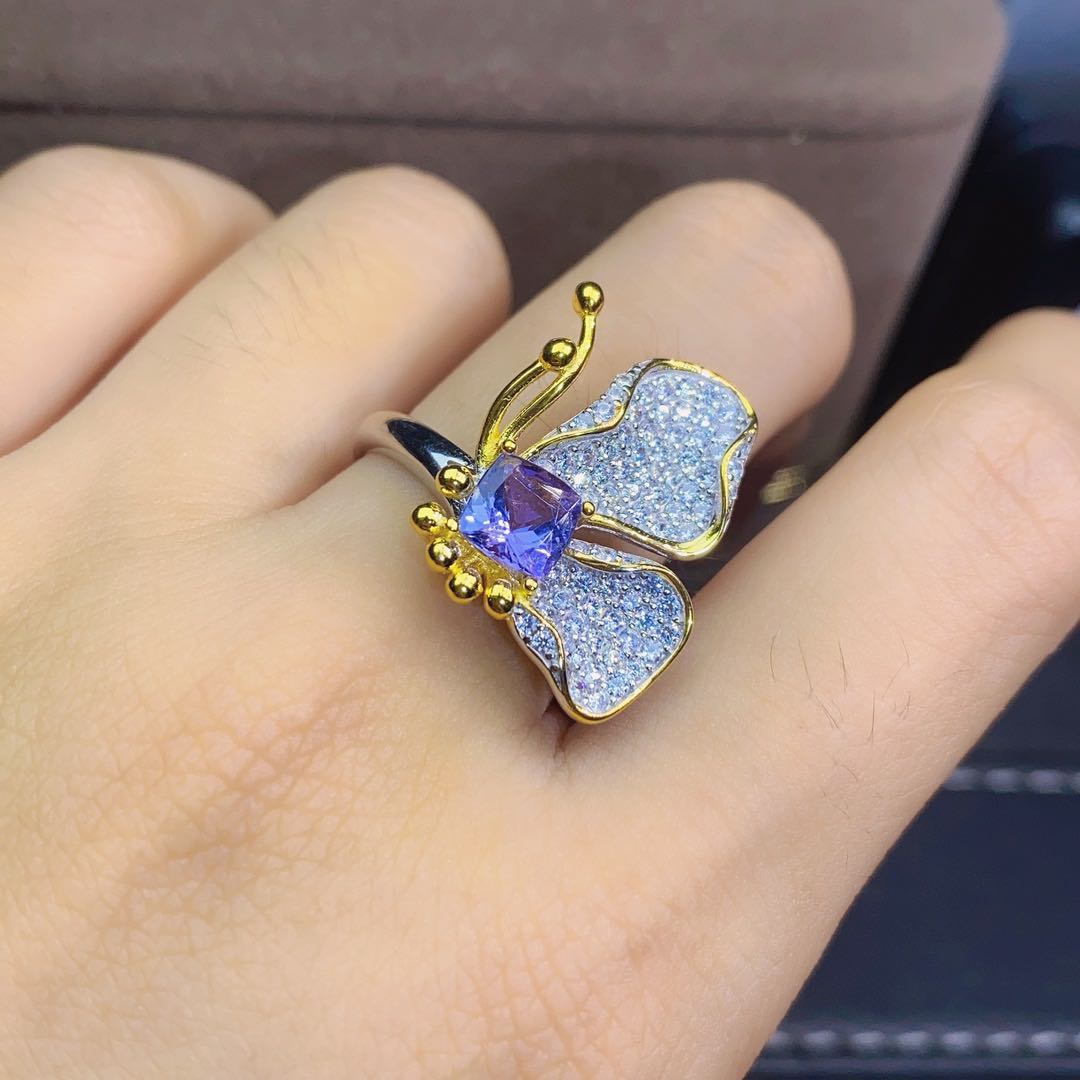 天然坦桑石戒指 经典简约净体爆闪火彩 石方4.5mm925银精工镶嵌