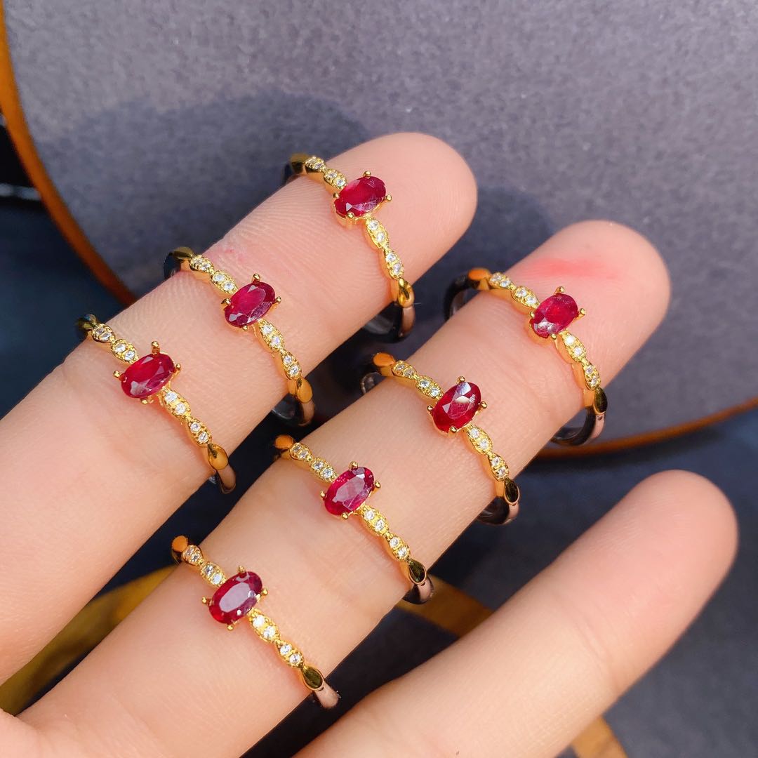 天然鸽血红宝石戒指银金镀18k