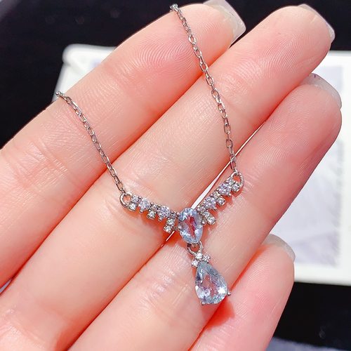 新款天然海蓝宝锁骨链925银镀金镶嵌时尚百搭海蓝宝吊坠主石5*7MM