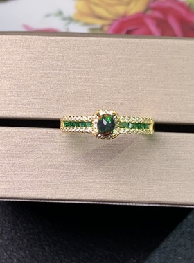 特惠925银镀黄金天然炫彩黑欧泊戒指 开口戒指 石4*5Mm